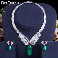 beaqueen luxury exclusive big drop green necklace earring sets for women wedding bridal cubic zircon dubai jewelry set js267