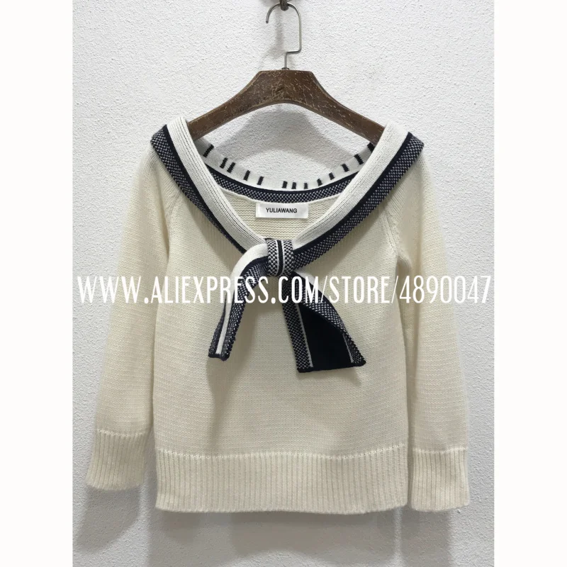 

Big bow tie strapless letter jacquard cashmere sweater High quality women's soft and skin-friendly long-sleeved sweater