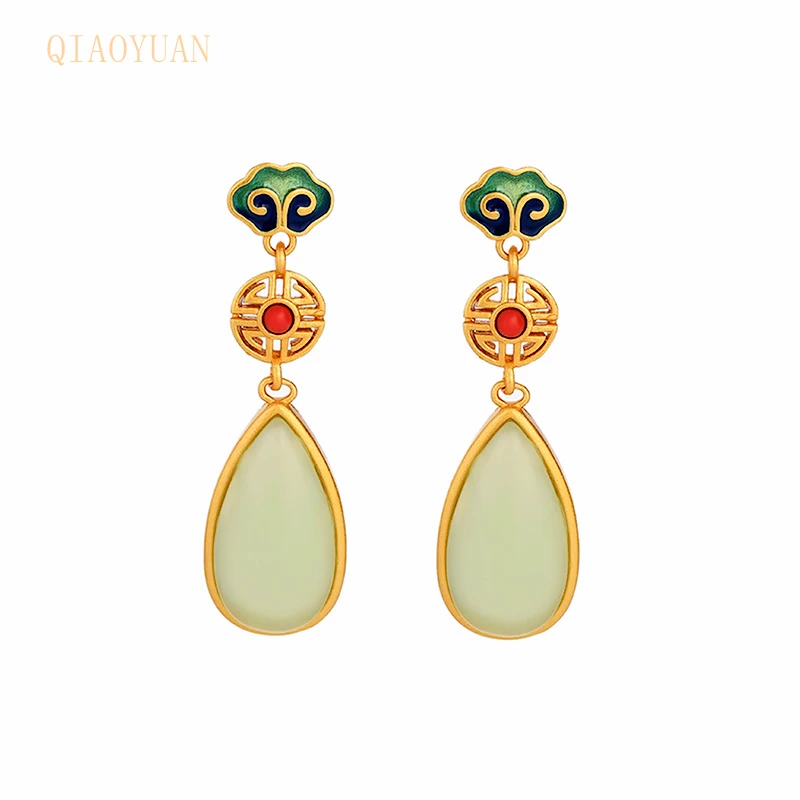 

Jade earrings for women jewelry Chinese style Vintage Hetian jade earing chain Love wedding crystal gem earring gold earrings