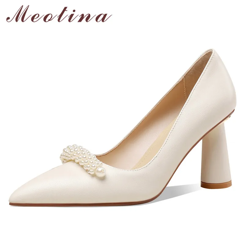 

Meotina High Heels Real Leather Women Shoes Sheepskin Square Heel Pumps Pearl Pointed Toe Ladies Footwear Spring Beige Size 43