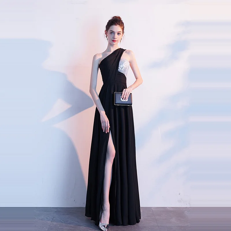 Женское вечернее платье на одно плечо без рукавов длиной до пола с блестками