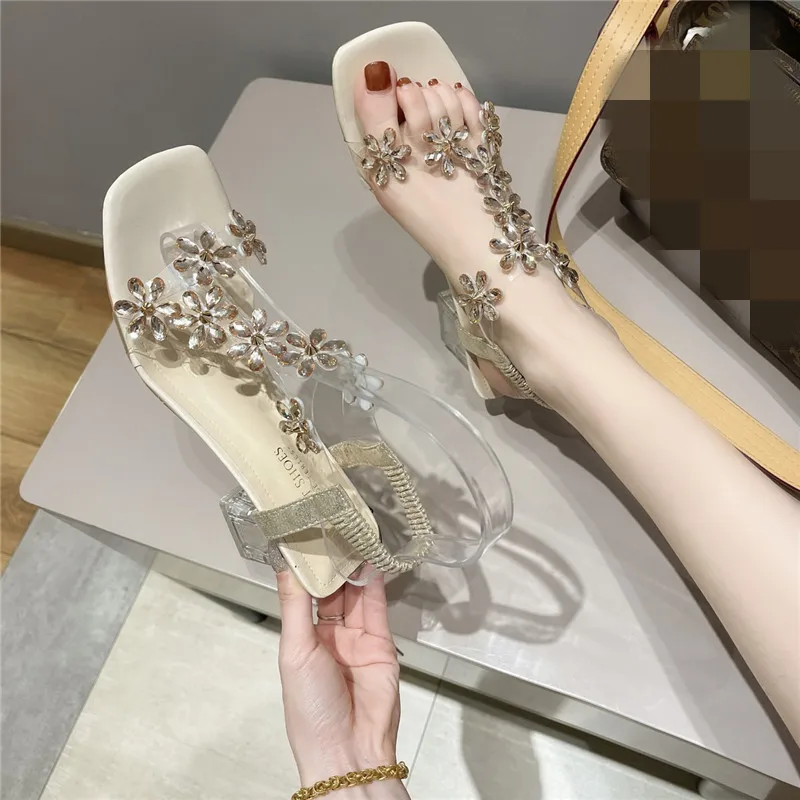 

Female Sandal Fashion Womens Shoes 2021 All-Match Med Clear Heels Girls Luxury New Comfort Medium High Summer Beige Sweet Flower