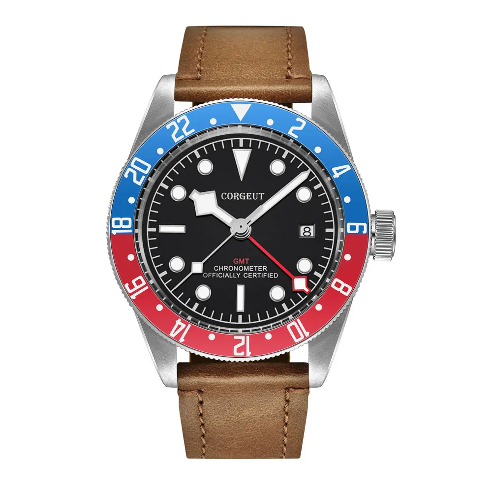 Corgeut люксовый бренд Schwarz Bay GMT Мужские автоматические механические часы Военные Спортивные часы для плавания кожаные механические наручные часы - Цвет: 2031A--SRLW
