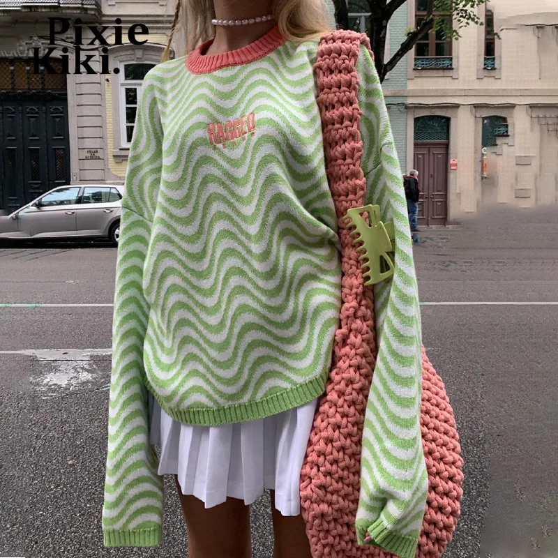 

Свитер PixieKiki оверсайз в зеленую полоску с вышивкой и надписью, зимние мешковатые пуловеры для женщин, верхняя одежда с длинным рукавом