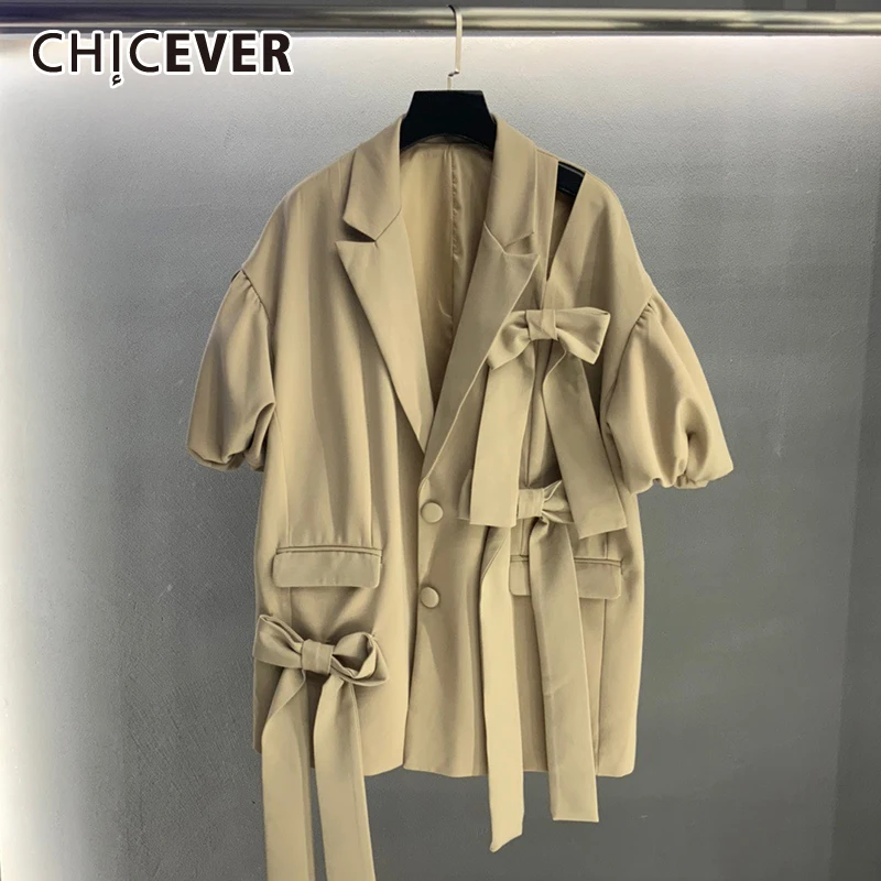 

CHICEVER Casual Solid Belted Bowknot Womens Coat Lapel Short Sleeve Fold Pleated Blazers Female Summer Clothing 2021 Fashion New