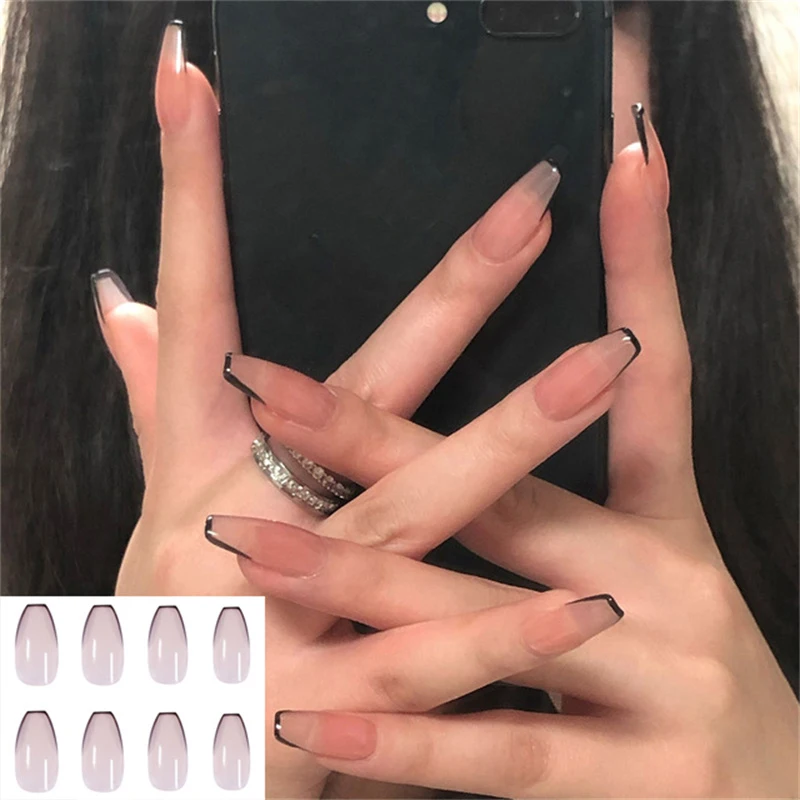 

24pcs Detachable False Nails French with Black Line Fake Nails Full Cover Nail Art Tips Press on Nails with Glue Manicure Tools