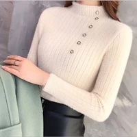 faux mink velvet button bottom sweater women high collar solid color simple slim warm knitted sweater pullover female spring