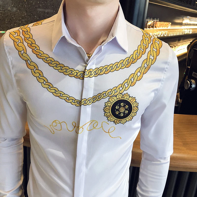

Club Work Men's Formal Wear Shirt Retro Tuxedo Shirt Society Luxury Gold Printing Casual Slim Long Sleeve Men's Shirt