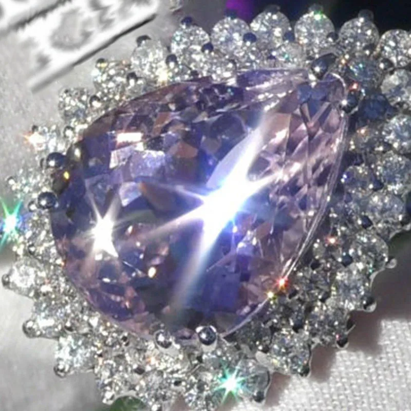 

Elegant Ladies Wedding Purple Water Droplet Crystal Ring Silver Color Dazzling AAA+ CZ Rhinestone for Women Party Jewelry
