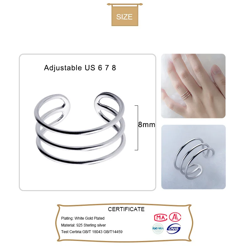 TrustDavis реальные 925 стерлингового серебра один два три слоя линия открытие кольцо