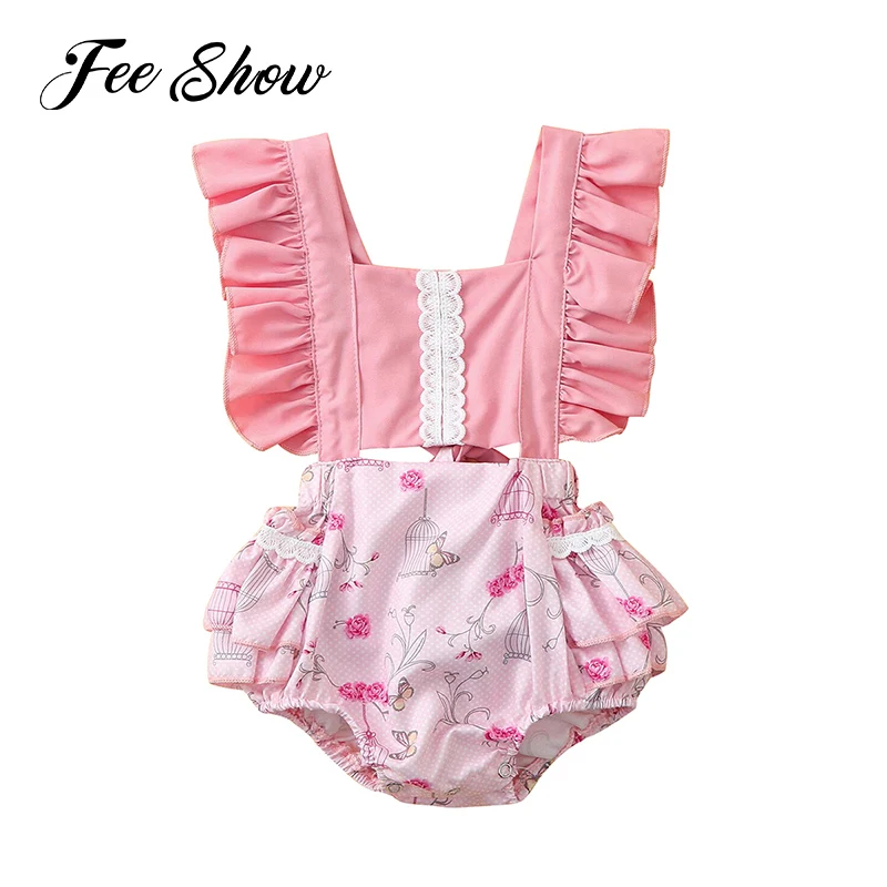 

Одежда для маленьких девочек с цветочным рисунком, с рюшами, Детский комбинезон «Сладкая принцесса» для маленьких девочек летняя одежда дл...