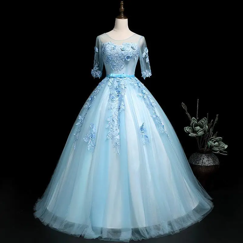 

Fashion Noble O Neck Quinceanera Dresses Luxury Half Sleeve Beading Applique Ball Gown Floor Length Party Prom Formal Dress
