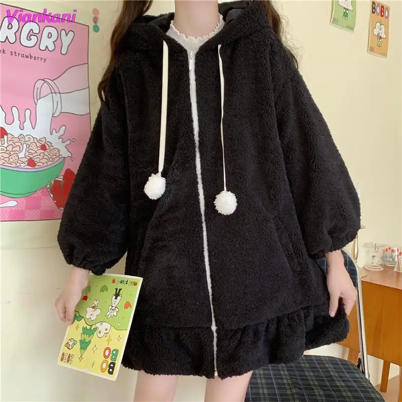 

Autumn Winter Women Sweet Warm Jacket Women 2022 New Kawaii Soft Lambswool Ruffles Rabbit Ears Hooded Coats Girls Parkas Outwear