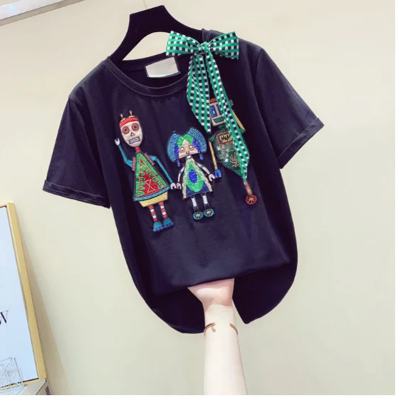 

Summer T Shirt Woman Fashion Embroidery Sequins Cartoon Scarf Bow Short Sleeve T-shirt Student Loose Tshirt Tee T Shirt Women