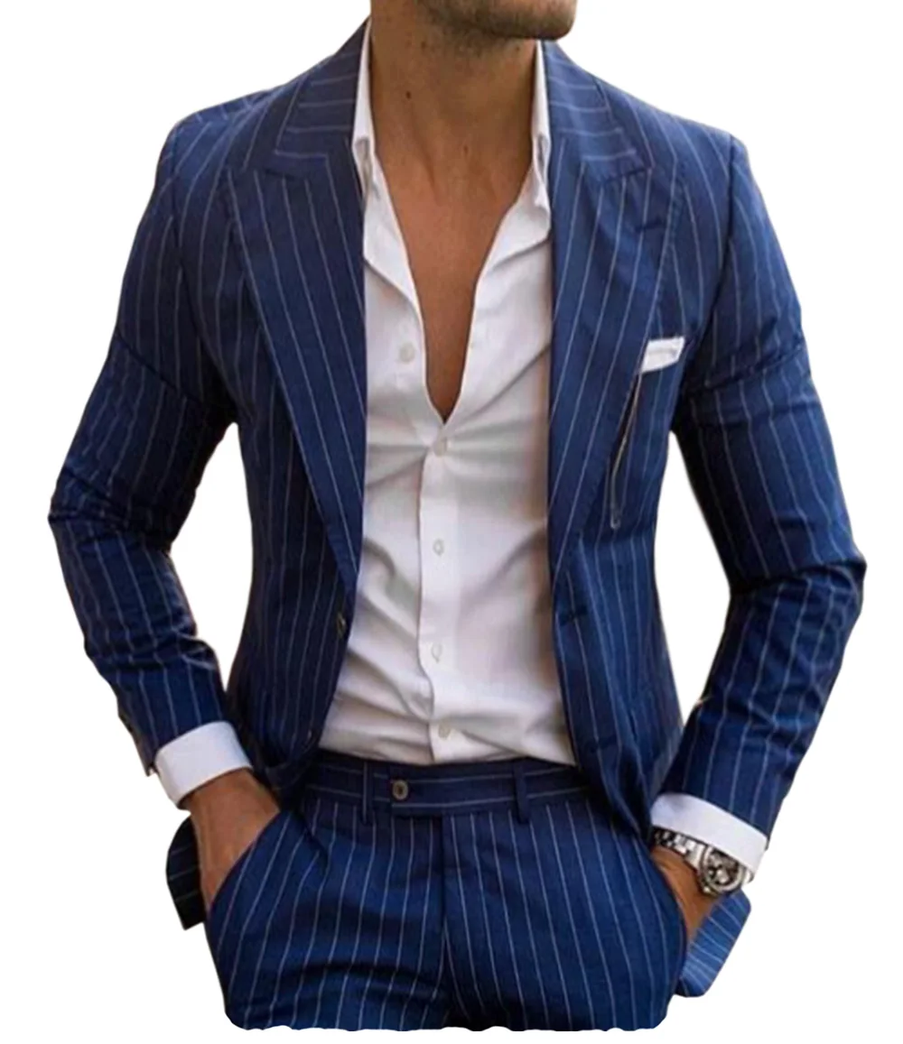 2023 New Men's Pinstripe Suits Two Pieces Pinstripe Tuxedos Slim Fit  Peaked Lapel Groomsmen Suits For Wedding (Blazer+Pants)