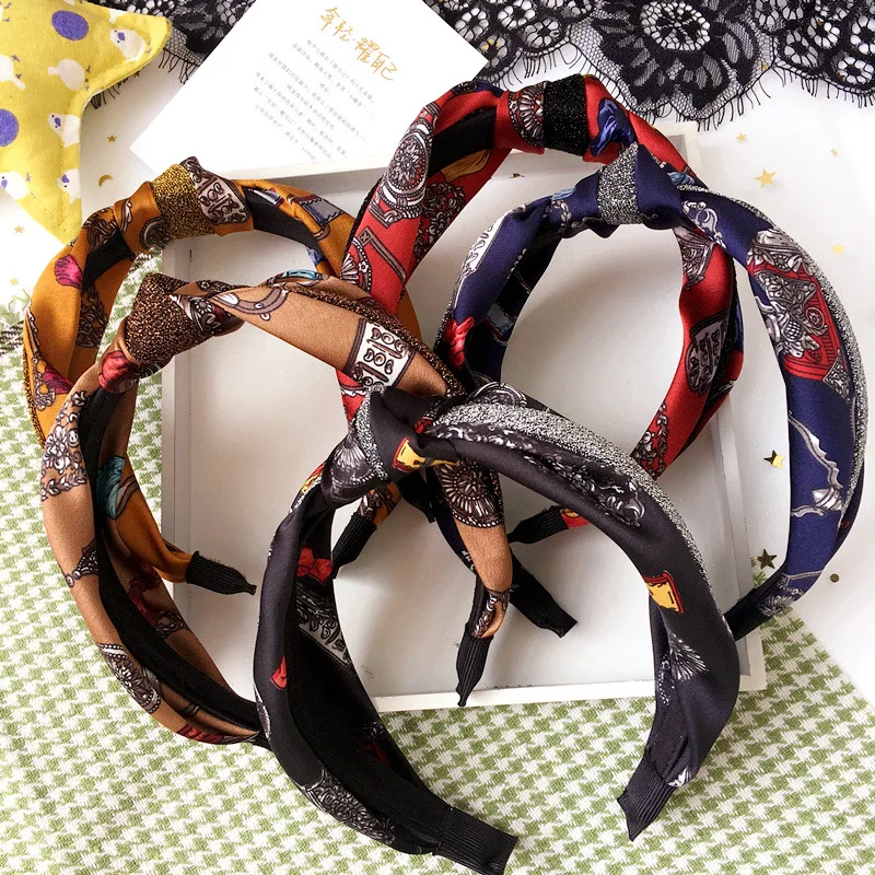 

Korea Print Satin Top Knot Hand Made Retro Hair Accessories Hairband Crystal Crown Hair Band Headbands For Girls