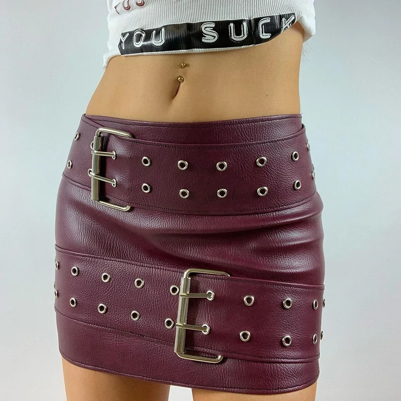 

Waatfaak Bodycon PU Leather Mini Skirt Gothic Punk Streetwear Black Skirt Belt Dark Academia Sexy Skirt Pencil Firy Grunge Brown