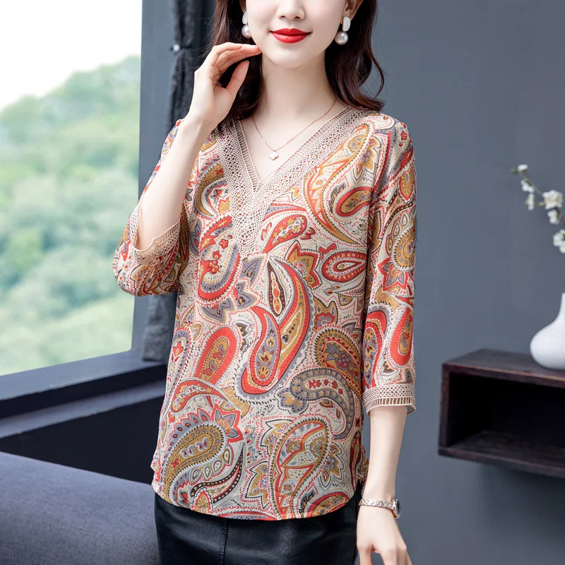 

#5107 Повседневная Блузка с винтажным принтом, женская шифоновая блузка с V-образным вырезом, летние женские топы и блузки свободного кроя в ре...