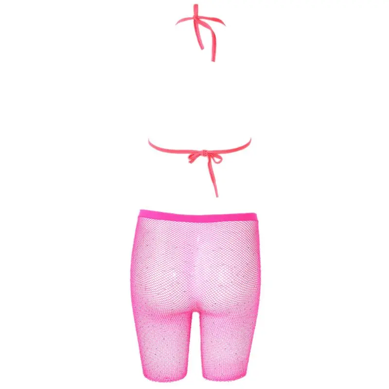 Комплект нижнего белья в сетку блестящие стразы бюстгальтер с лямкой на шее