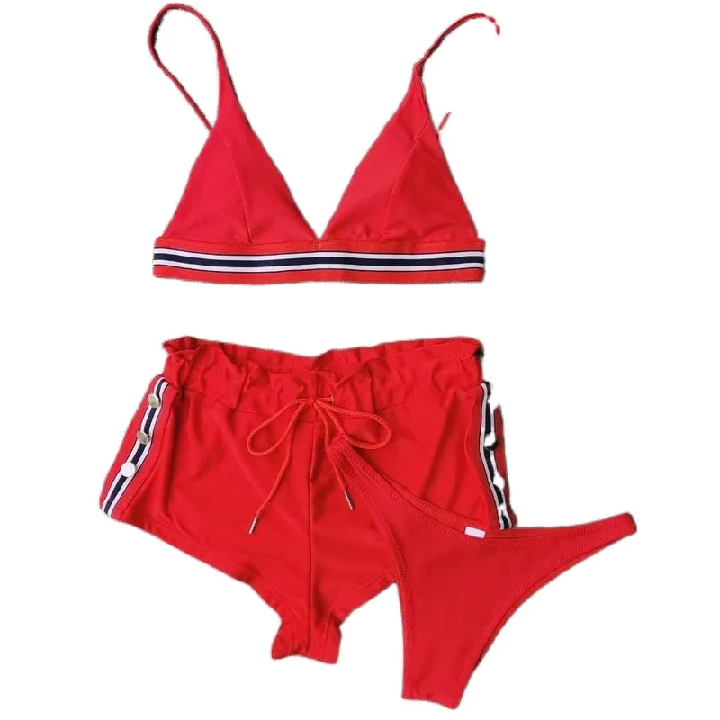 

2021 European and American New Bikini Backless Sexy Three-piece Solid Color Swimsuit Bikini