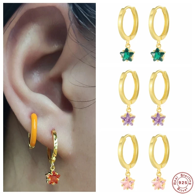 

Aide 925 Sterling Silver Green Purple Pink Zircon Star Pendant Hoop Earrings Sparkling Colored Crystal Star Charm Earrings Gift