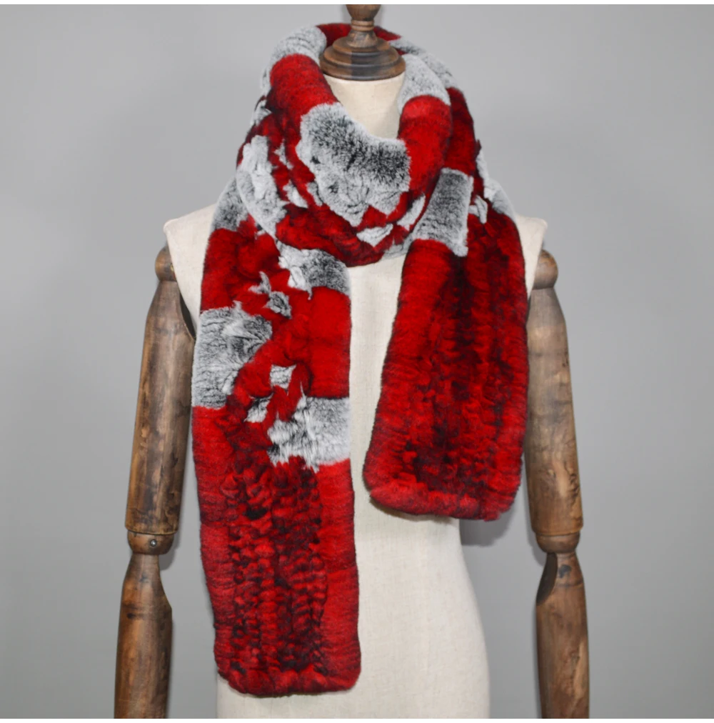 Winter Long Style Women Real Rex Rabbit Fur Scarf Rex Rabbit Fur Warm Soft Ring Scarfs High Quality Knit Rabbit Fur Scarves