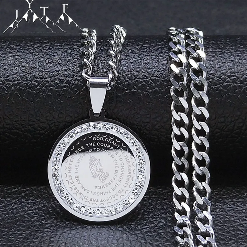 

Stainless Steel Crystal Bible Folded Hands in Prayer Necklaces Chain Men/Women Silver Color Necklace Jewelry collier N8034S05
