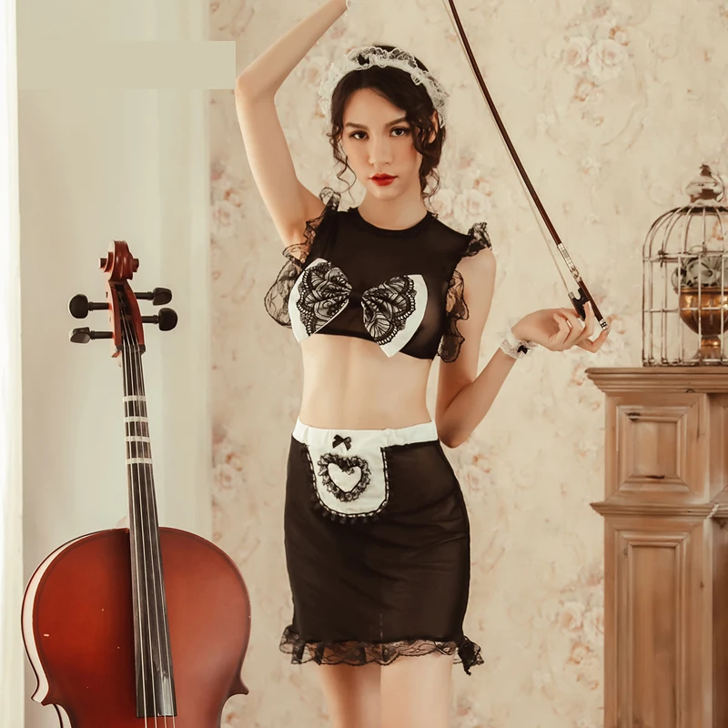 Сексуальное прозрачное нижнее белье Униформа горничной белая эротическая