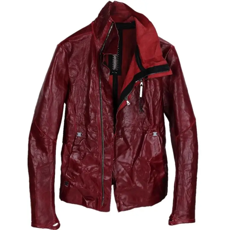 

Wax oil head layer cowhide fold diablo pioneer handmade metal keel for men's leather red leather jacket