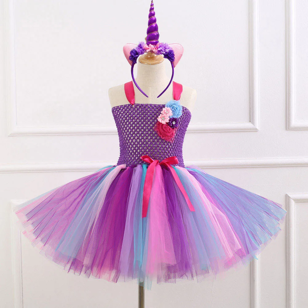 7 Style Flower Girls Unicorn Tutu Dress With Headband Fancy Girl Party Rainbow Tulle Princess Kids Halloween Costume | Детская одежда и