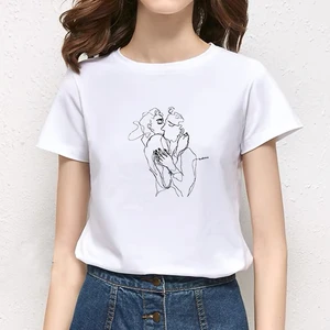 Summer Fashion Shirt Sketch theme Graphic T Shirt White Tees 90s Fashion Kawaii Women Tops Base O-neck Top Tees Female