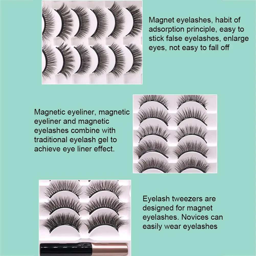 

10 Pairs Magnetic Artificial Eyelashes Liquid Eyeliner Tweezer Makeup Tool Set