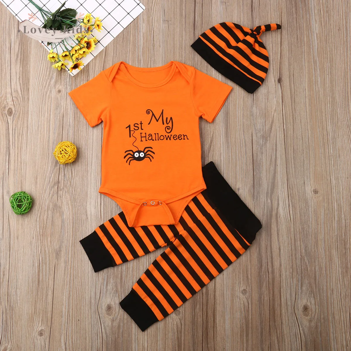 

2020 Newborn Infant Baby Boy Girl 1st Halloween Costume Araneid Bodysuit Striped Pants Hat 3PCS Toddler Baby Clothes Outfits