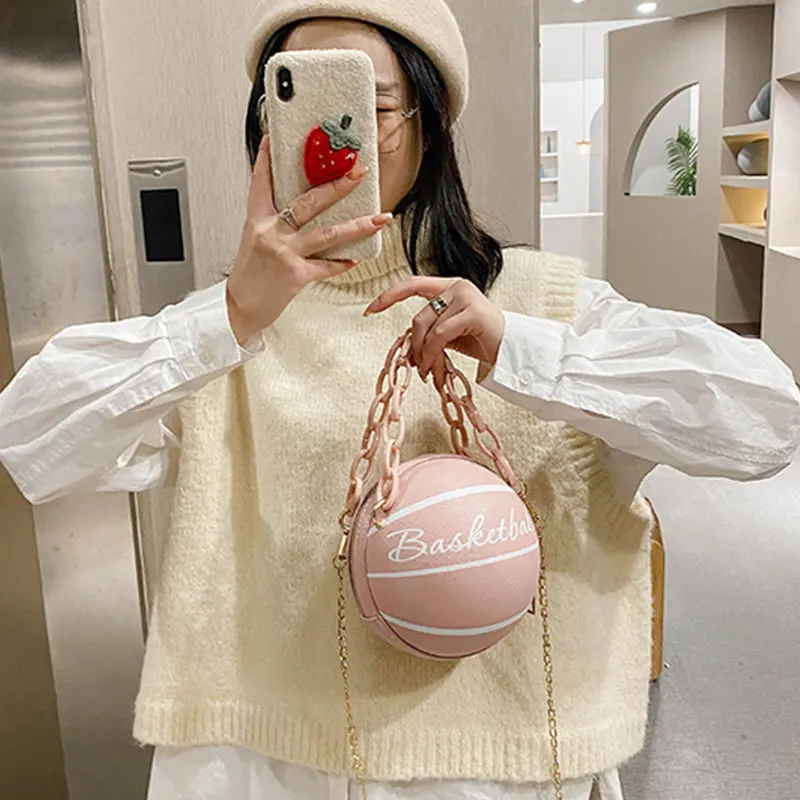 

1Pcs Crossbody Chain Hand Bags Ball Purses For Teenagers Personality Female Leather Pink Basketball Bag Women Shoulder Bags