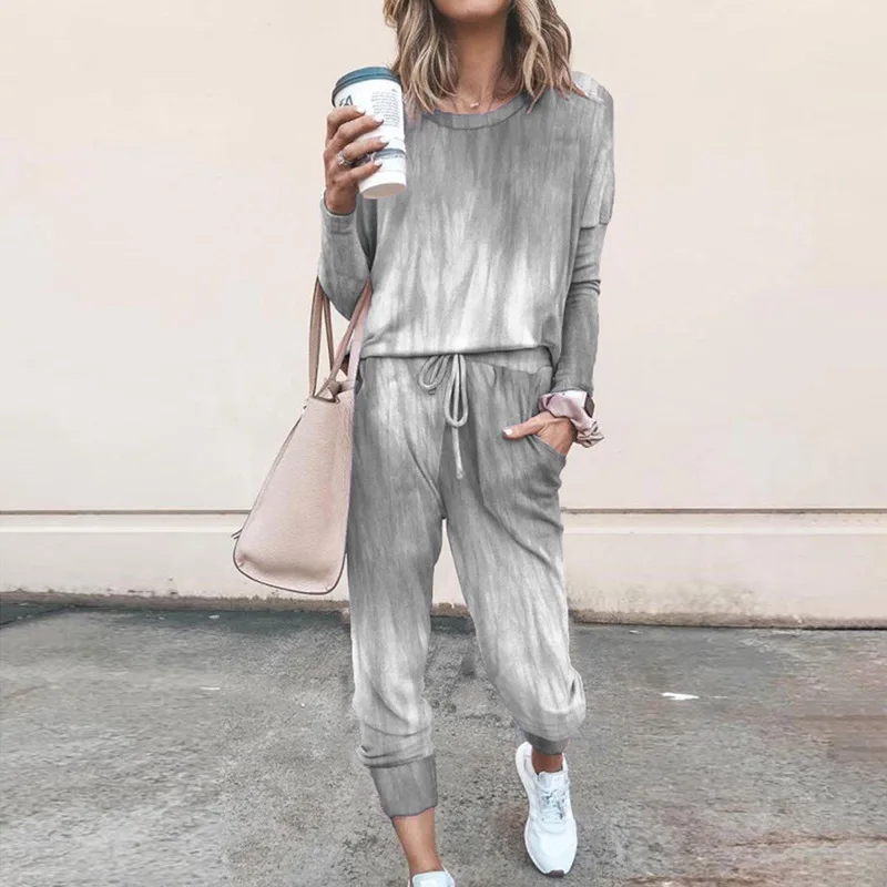 

2020 Tye Die Lounge Wear Two Piece Set Women Casual Lounge Set Tracksuit Matching Sets for Women 2 Piece Tie Dye Set Sweat Suit