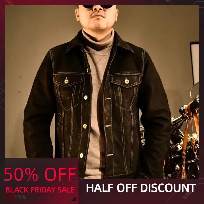 

Мужская короткая куртка из натуральной кожи, черная однобортная Весенняя короткая куртка в японском повседневном стиле брикет из натураль...