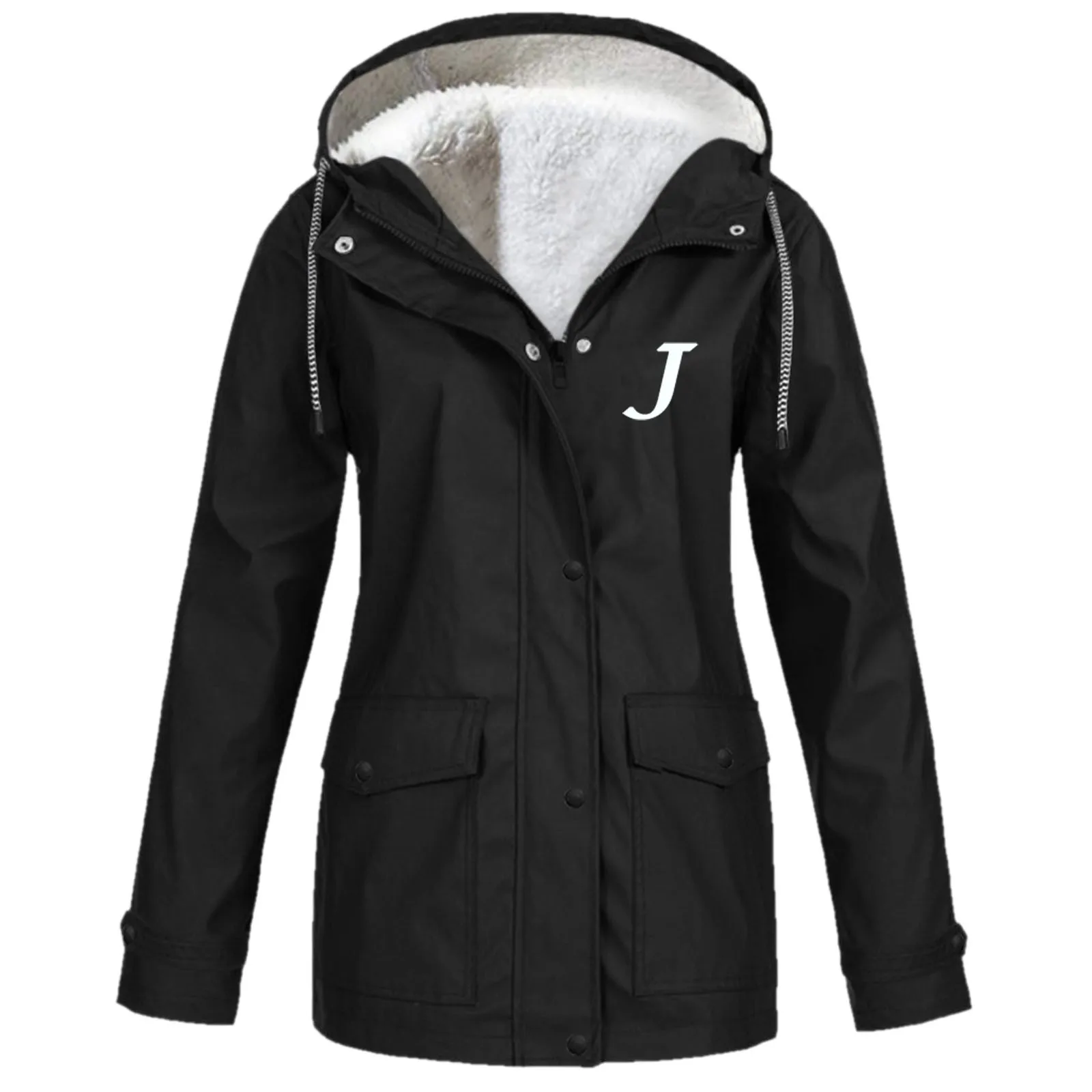 

Women Casual Solid Color Plush Jacket Outdoor Buttons Plus Size Hooded Windproof Watertight Pockets Drawstring Coat Jacket