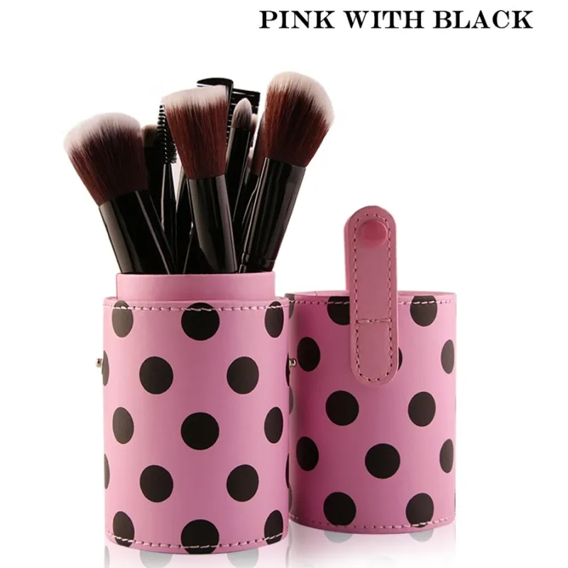 Professional 12Pcs Makeup Brushes Kit Studio Holder Tube Convenient Portable Leather Cup Natural Hair Synthetic - Handle Color: Pink Black