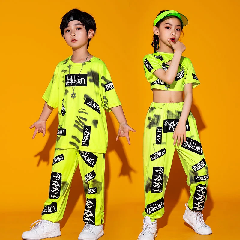 

Children'S Hip-Hop Dance Clothes Summer Fluorescent Color Hiphop Loose Suit Girls Boys Jazz Performance Street Dancewear 120-170