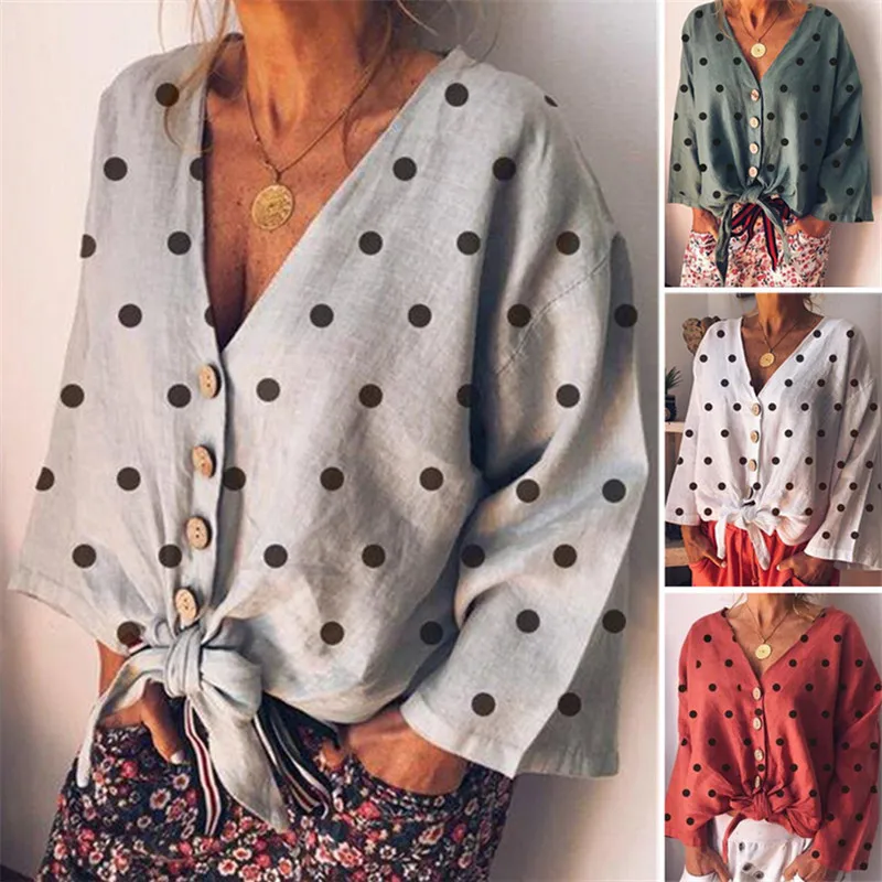 

Women Plus Size Button Down Shirt Top Autumn Long Sleeve Casual Loose Baggy Plain Basic Blouse Vintage Polka Dot Printed Blouse