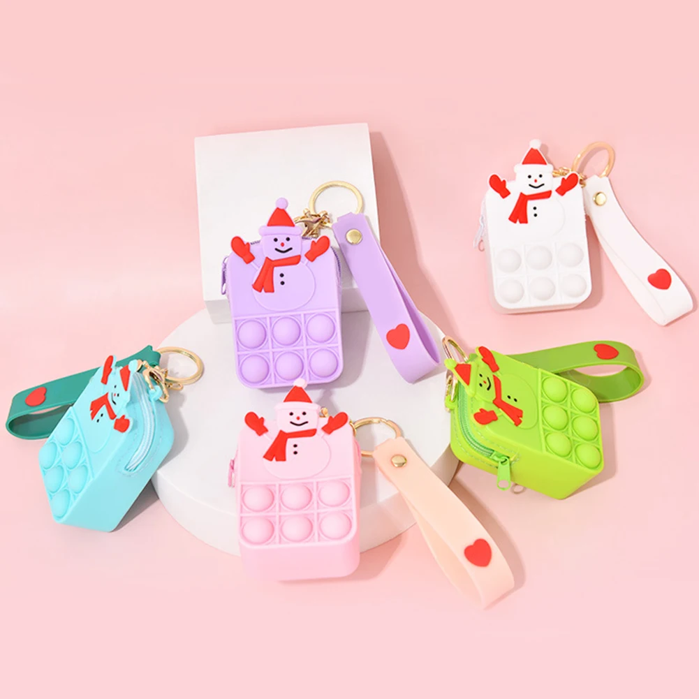 

2022 Christmas Push Bubbles Toy Rainbow Push Bubbles Snowman Shape Coin Purse Keychain Silicone Mini Storage Bags Gift for Kids