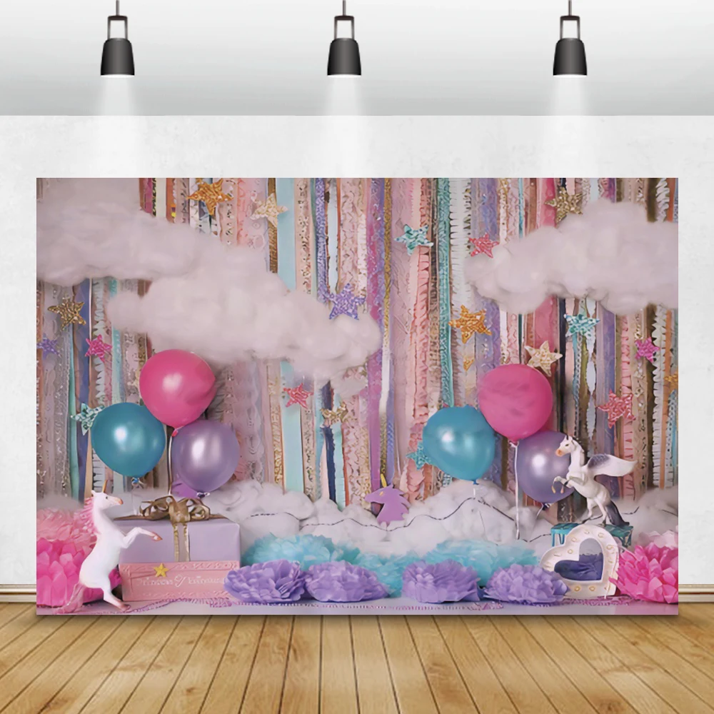 

Laeacco Birthday Party Backdrops Clouds Colorful Balloons Paper Flowers Unicorn Baby Newborn Photography Backgrounds Photozone