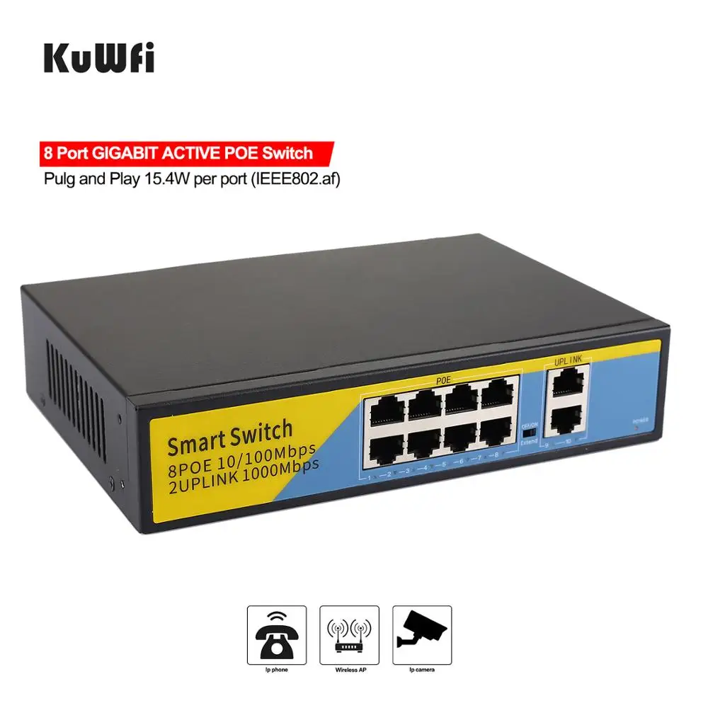 48 В POE коммутатор 10/100/1000 Мбит/с Ethernet 8 портов гигабитный RJ45 концентратор + 2 порта