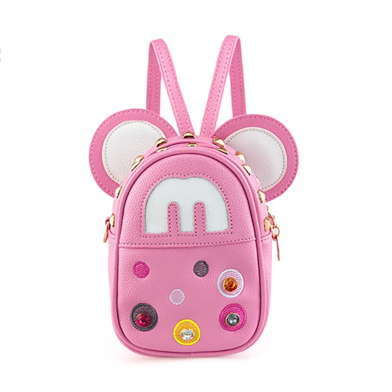 

Pink PU Leather MouseChildren's Backpack Grils Messenger Bag Kindergarten School Bag Cartoon Backpack Dual-use Bag For Kids