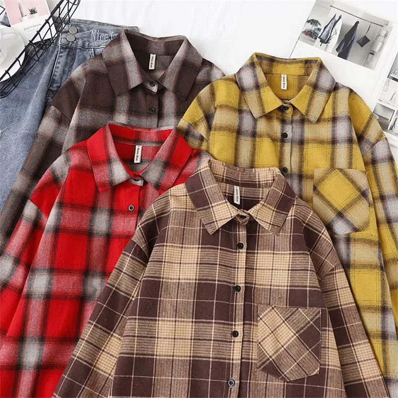 Dioufond 2020 новинка Женская шикарная свободная Клетчатая блуза с длинным рукавом