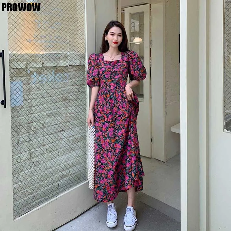 

French Vintage Floral Print Dress 2021 Summer Fashion Women Slim Square Collar Chiffon Dress One-Piece Korean Elegant Lady Dress