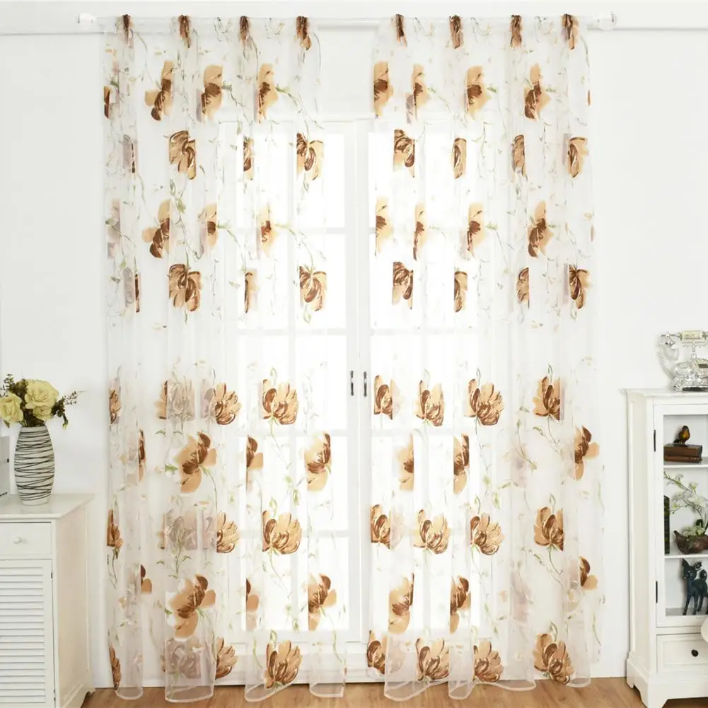 

Curtain Flower Print Through Rod Polyester Thansparent Window Drape for Balcony