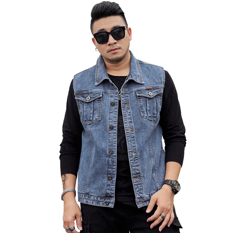 

Oversized men's fat denim vest with extra fat and stretch sleeveless top loose waistcoat Motorcycle Jacket