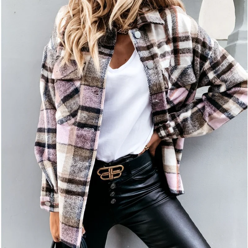 

2022 Autumn Winter Popular Women's Plaid Shirt Jacket Women's Fashion Button Long-sleeved Plaid Coats veste femme