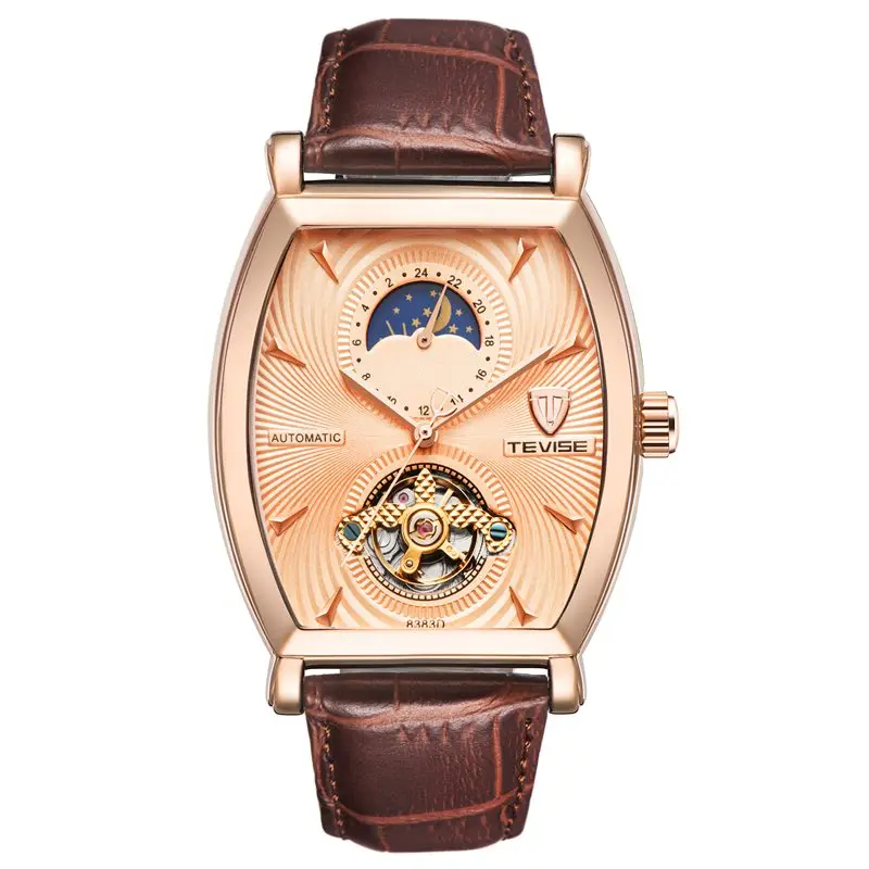 Rose gold TEVISE водонепроницаемые автоматические 8383D механические мужские часы Moon Phase из натуральной кожи с автоматическим заводом мужские повседневные наручные часы - Цвет: Rose gold